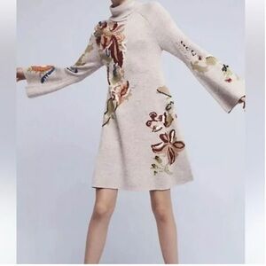 Anthropologie Embroidered Turtleneck Sweater Dress